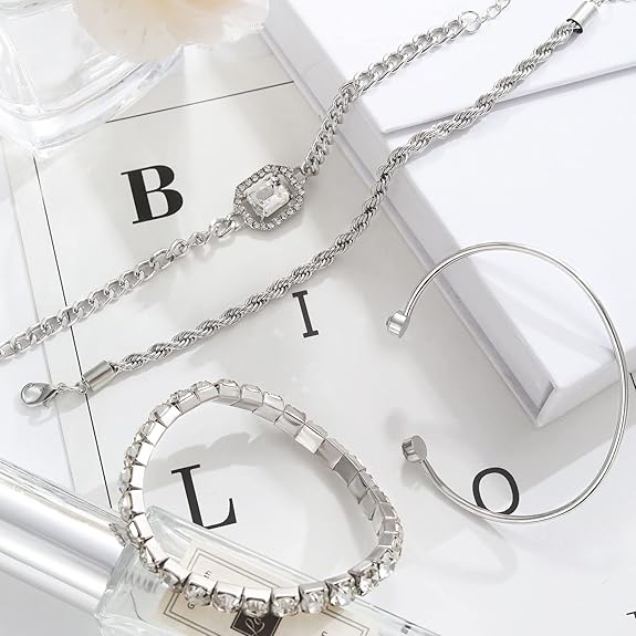 Elegant Silver/Gold Bracelet Set – 4-Piece Stackable Design