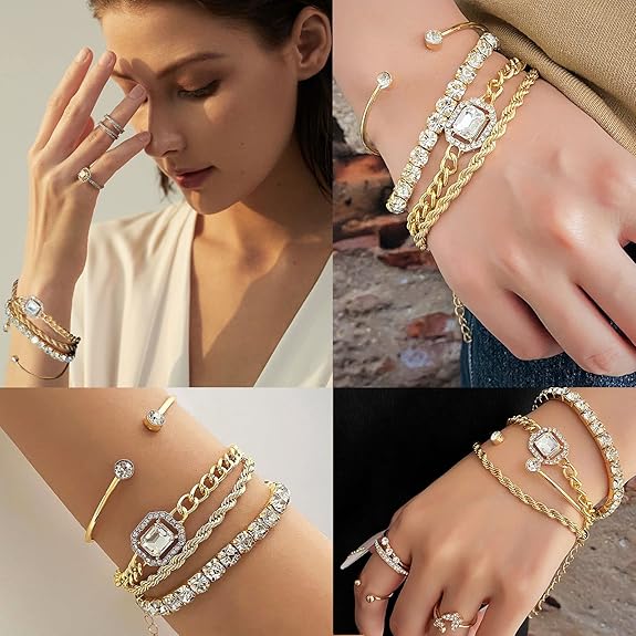 Elegant Silver/Gold Bracelet Set – 4-Piece Stackable Design