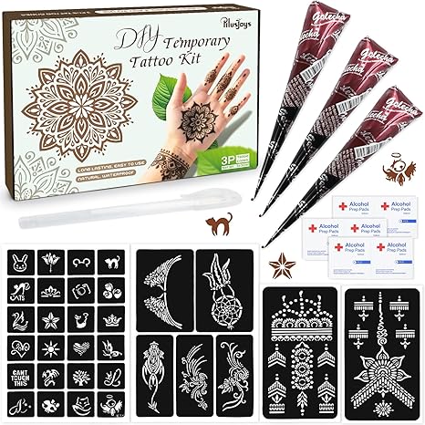 🌿 Complete Henna Kit – 3 Brown Cones + Reusable Templates + Outline Pen 🌿 Create stunning henna designs at home – no experience needed!