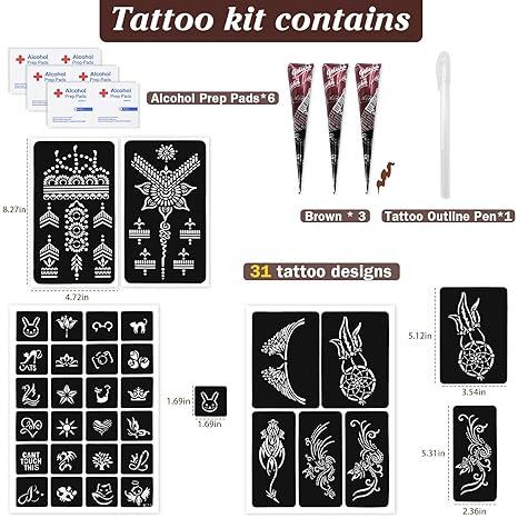 🌿 Complete Henna Kit – 3 Brown Cones + Reusable Templates + Outline Pen 🌿 Create stunning henna designs at home – no experience needed!
