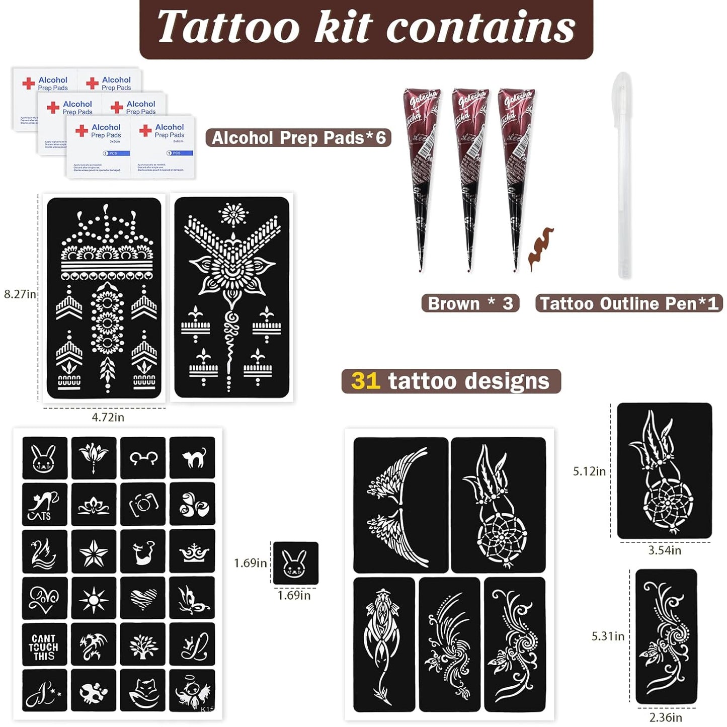 🌿 Complete Henna Kit – 3 Brown Cones + Reusable Templates + Outline Pen 🌿 Create stunning henna designs at home – no experience needed!