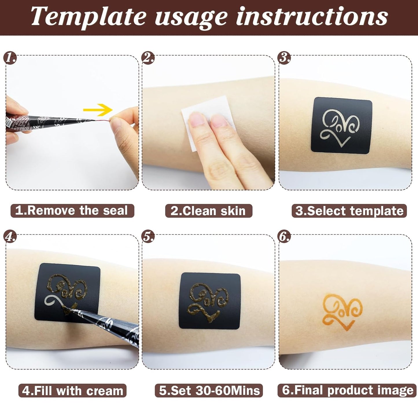 🌿 Complete Henna Kit – 3 Brown Cones + Reusable Templates + Outline Pen 🌿 Create stunning henna designs at home – no experience needed!