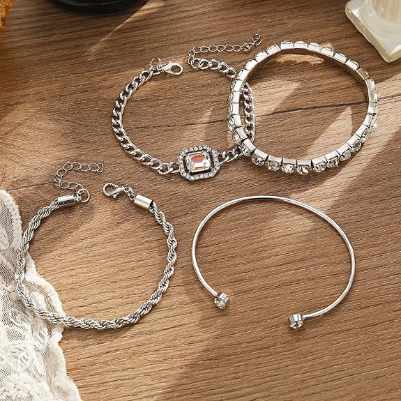 Elegant Silver/Gold Bracelet Set – 4-Piece Stackable Design